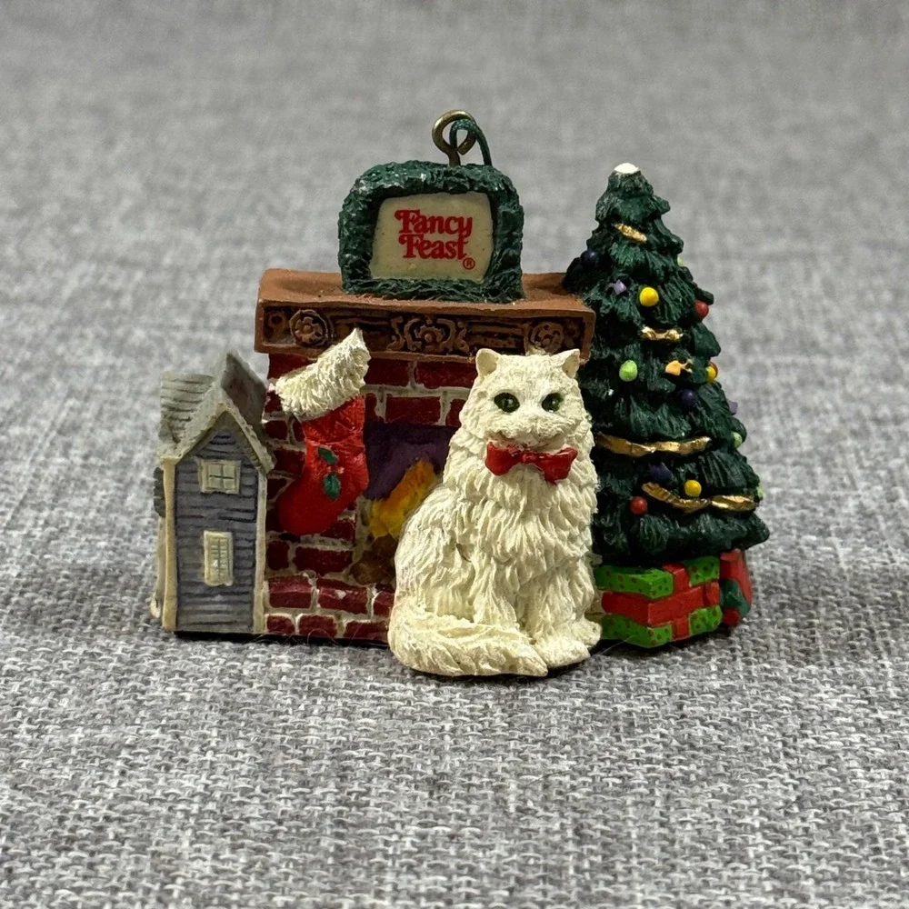 VTG Fancy Feast Cat Ornament 1993 White Persian Fireplace Christmas Tree Kitsch